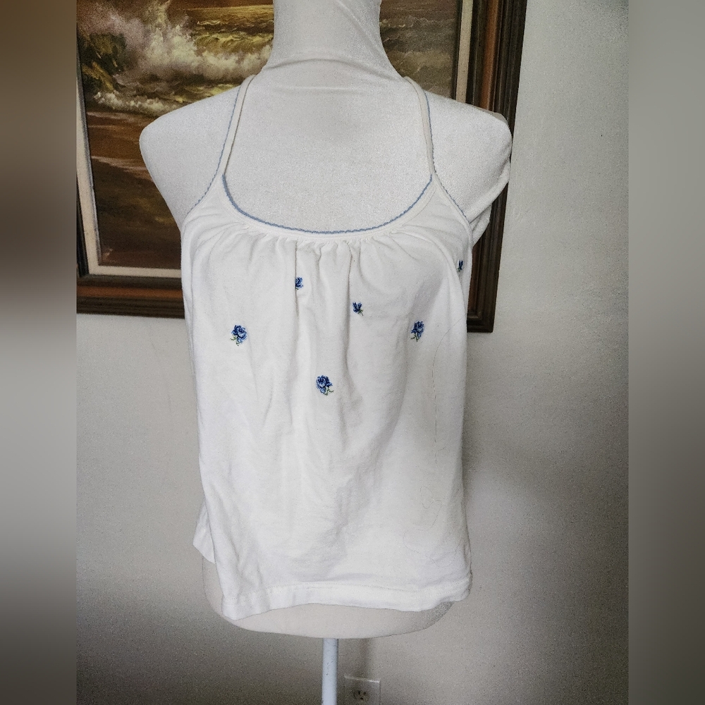Vintage 1990s White Cotton Blue Flower Embroidered Tank Top by High Sierra